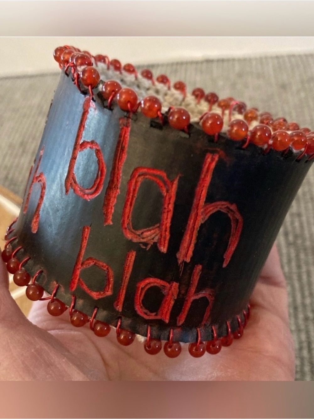 ❌last chance (deleting)❌ Black Cuff Bracelet with Red Bead Trim “blah blah"